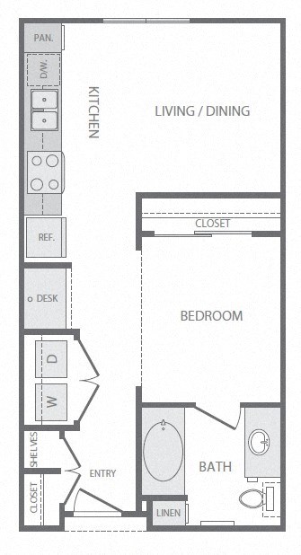 Floor plan for 1 bed, 1 bath, 491 sqft